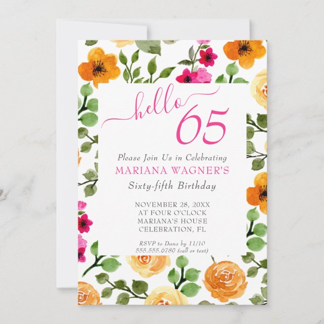 Pink Orange Floral Elegant Script 65th Birthday Invitation (Front)