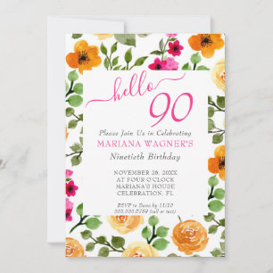 Pink Orange Floral Elegant Script 90th Birthday Invitation