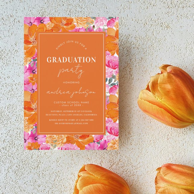 Pink Orange Floral Garden Modern Graduation Party Invitation (Creator Uploaded)
