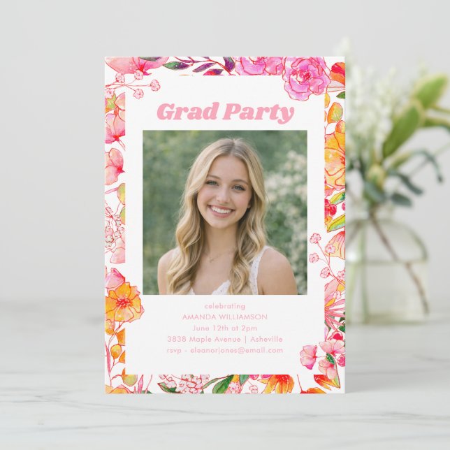 Pink Orange Floral Graduation Party Photo 2026 Invitation (Standing Front)