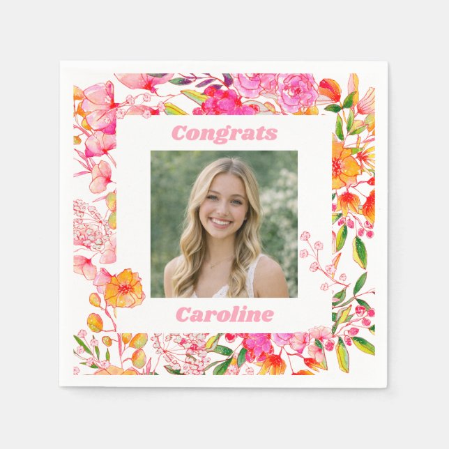 Pink Orange Floral Graduation Party Photo 2026 Napkin (Front)