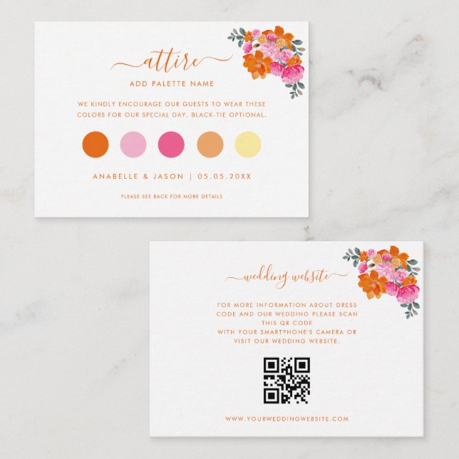 Pink & Orange Floral Guest Dress Attire QR Code Enclosure Card (Front/Back)