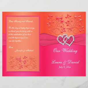 Pink Orange Floral, Hearts Wedding Program
