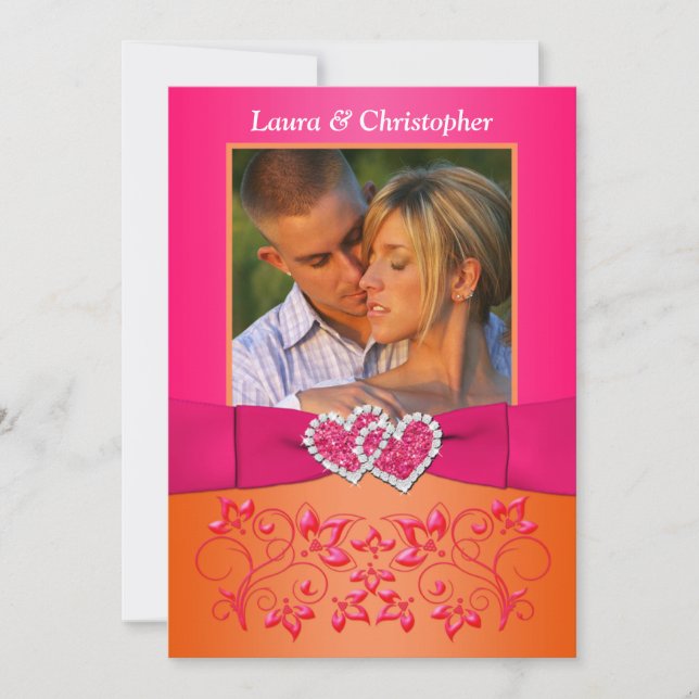Pink, Orange Floral Joined Hearts PHOTO Invite (Front)