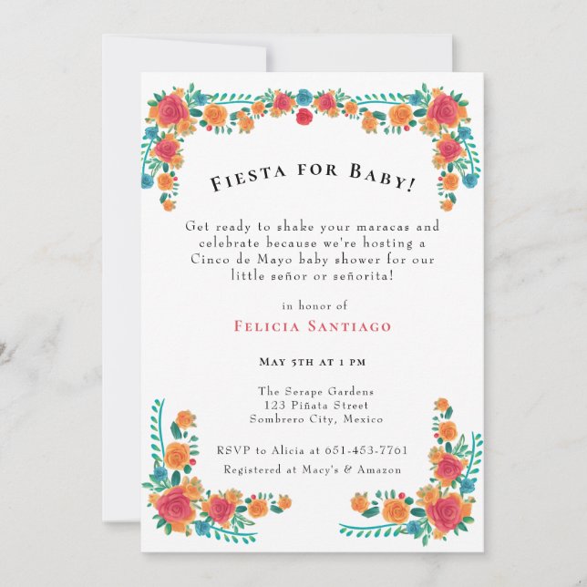 Pink Orange Floral Mexican Fiesta Baby Shower Invitation (Front)