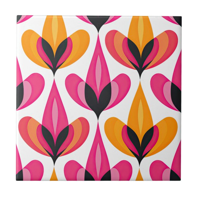 Pink& Orange Floral Mid Century Modern RETRO Tile (Front)