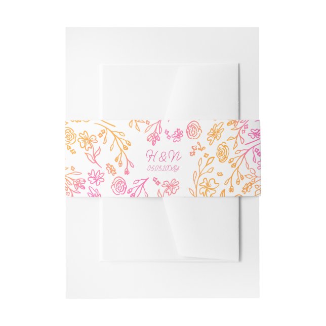  Pink Orange Floral Monogrammed Date Wedding Invitation Belly Band (Front Example)