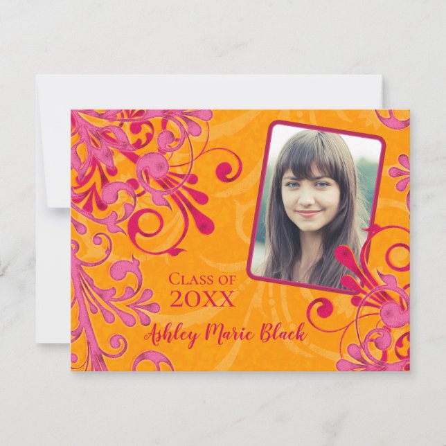 Pink Orange Floral Photo Graduation Invitation (Front)
