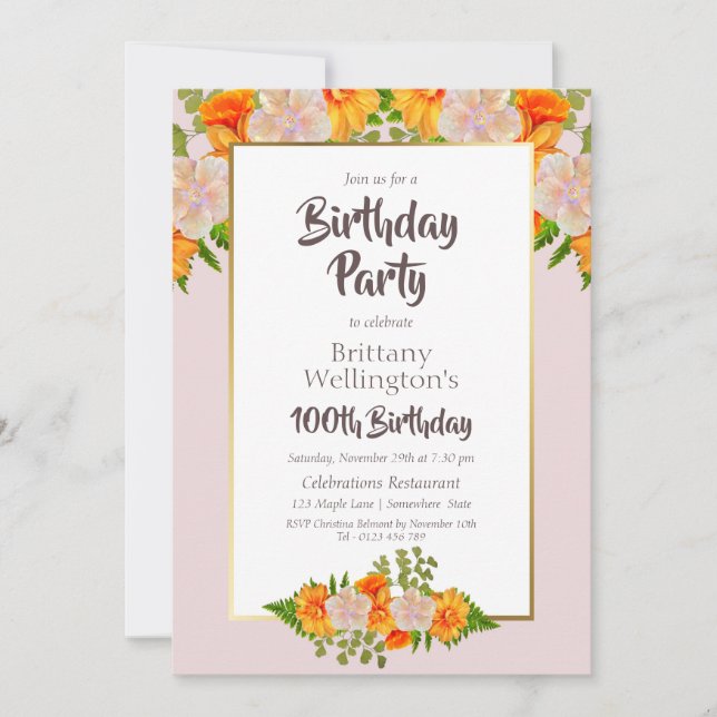 Pink Orange Floral Pink 100th Birthday Party Invitation (Front)