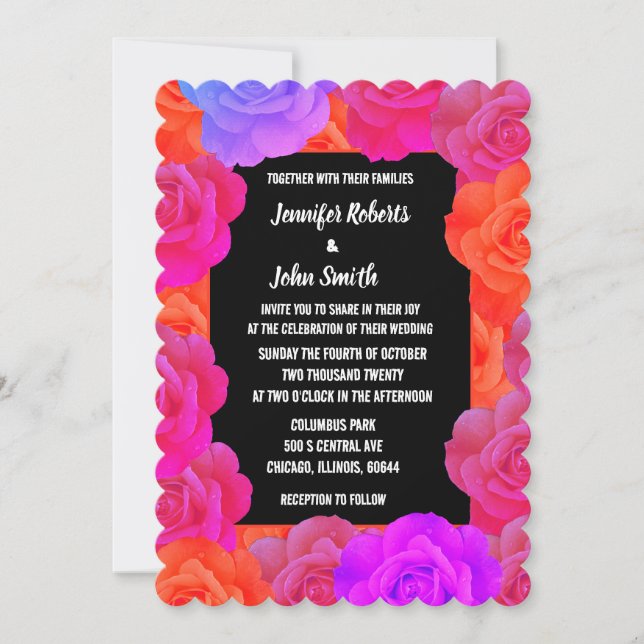 Pink Orange Floral Purple QR Code Rose Wedding Invitation (Front)