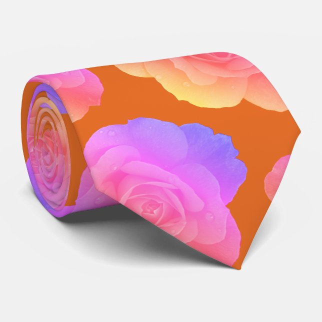 Pink Orange Floral Rose Modern Stylish Gift Favour Tie (Rolled)