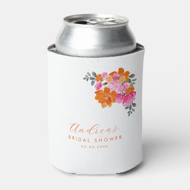 Pink & Orange Floral Summer Custom Bridal Shower Can Cooler (Can Front)