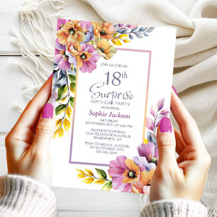 Pink Orange Floral Surprise 18th Birthday Party Invitation