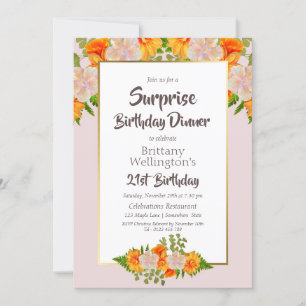 Pink Orange Floral Surprise 21st Birthday Party Invitation