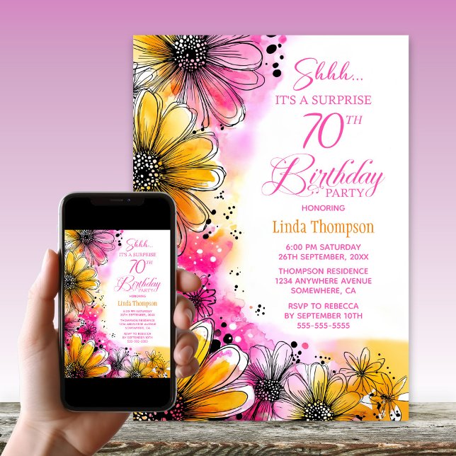 Pink Orange Floral Surprise 70th Birthday Party Invitation (Creator Uploaded)