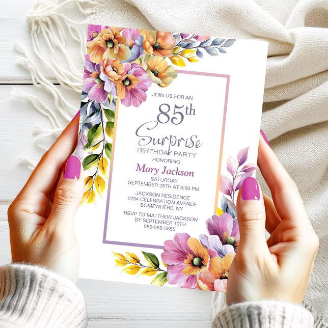 Pink Orange Floral Surprise 85th Birthday Party Invitation (Creator Uploaded)