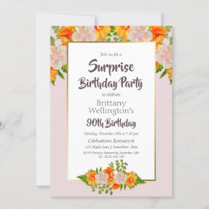 Pink Orange Floral Surprise 90th Birthday Party Invitation