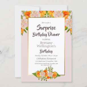 Pink Orange Floral Surprise Birthday Party Invitation