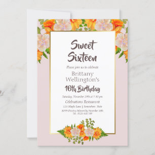 Pink Orange Floral Sweet 16 Birthday Party Invitation