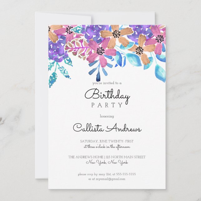Pink Orange Floral Watercolor Girl's Birthday Invitation (Front)