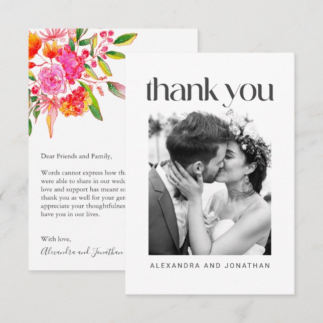Pink Orange Floral Wedding Photo Editable Message  Thank You Card (Front/Back)