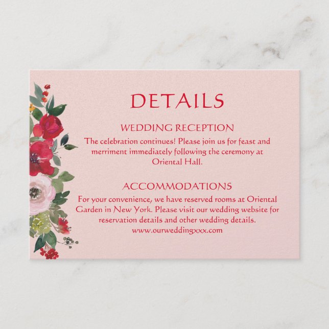 Pink orange floral wreath Chinese wedding details Enclosure Card (Front)