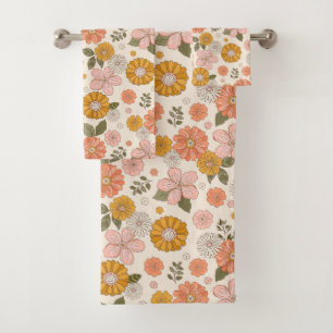 Pink & Orange Flower Garden Pattern Bath Towel Set
