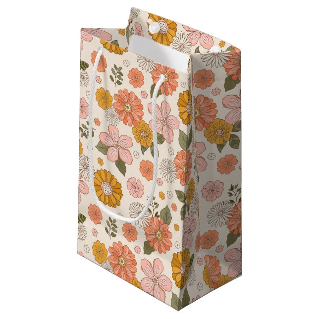 Pink & Orange Flower Garden Pattern Small Gift Bag (Front Angled)