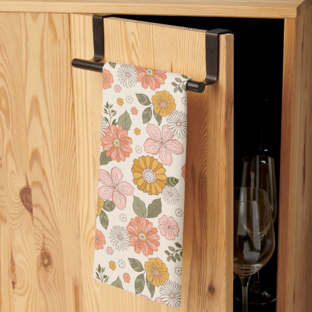 Pink & Orange Flower Garden Pattern Tea Towel (Thirds Fold)
