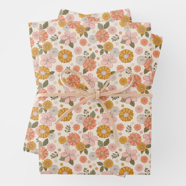 Pink & Orange Flower Garden Pattern Wrapping Paper Sheet (In situ)