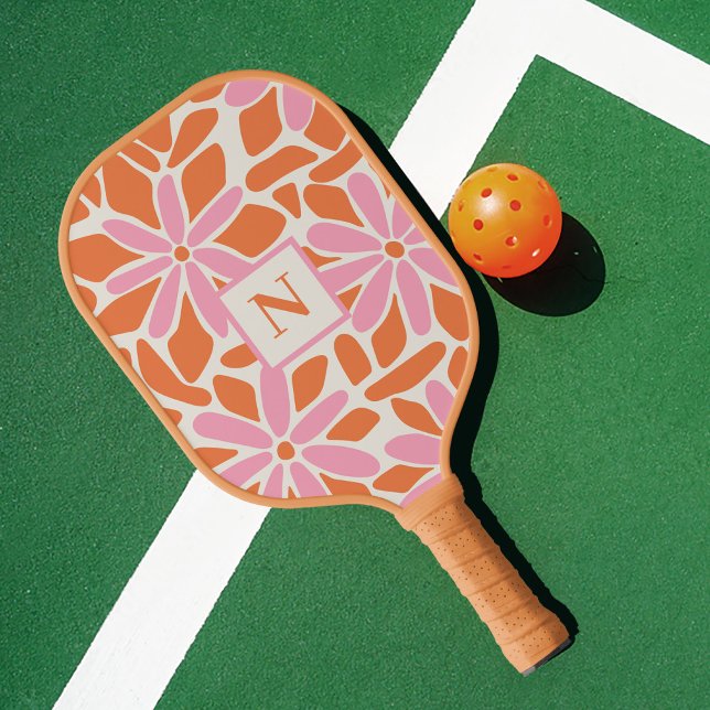 Pink & Orange Flower Monogram  Pickleball Paddle (Creator Uploaded)