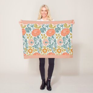 Pink & Orange Flowers, Vintage Graphic Art Fleece Blanket