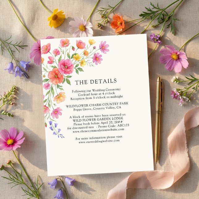 Pink Orange Flowers Wedding Details Enclosure Card (Wedding details card from the Wildflower Bloom collection by Darling & May)