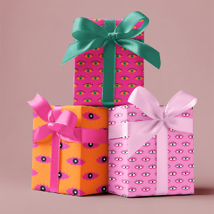 Pink & Orange Funky Evil Eye Pattern Holiday Gift Wrapping Paper Sheet