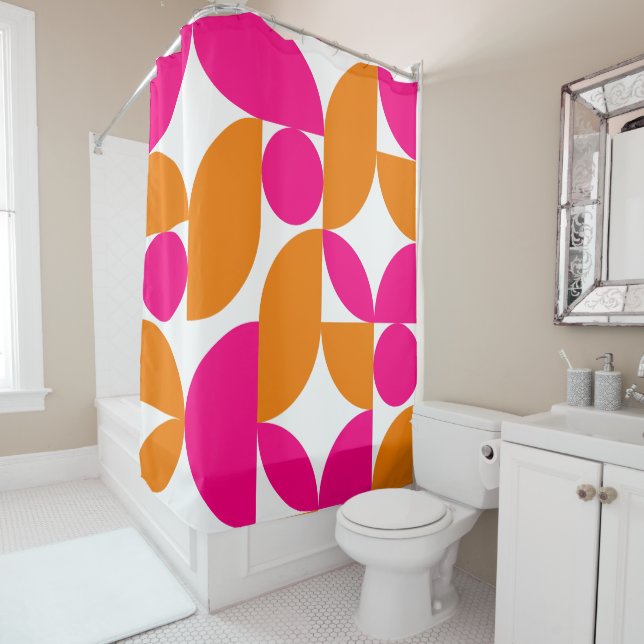 Pink Orange Geometric Mid Century Pattern Shower Curtain (In Situ)