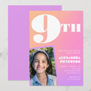 Pink Orange Gradient 9th birthday invitation Photo
