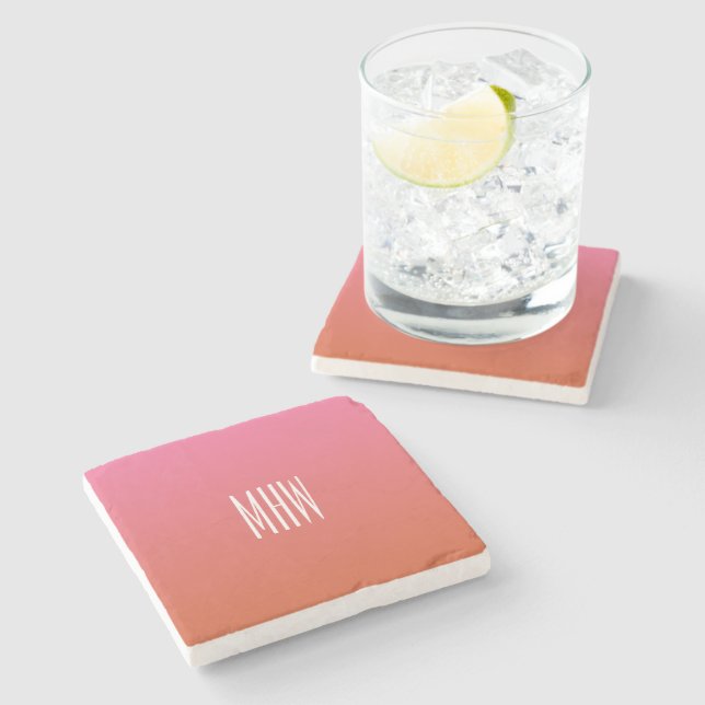 Pink Orange Gradient custom monogram stone coaster (Side)