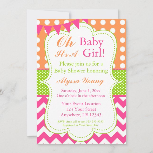 Pink Orange Green Baby Girl Shower Invite (Front)