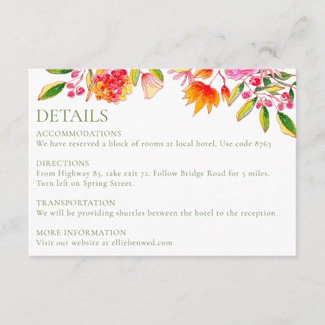 Pink Orange Green Floral Simple Wedding Details Enclosure Card (Front)