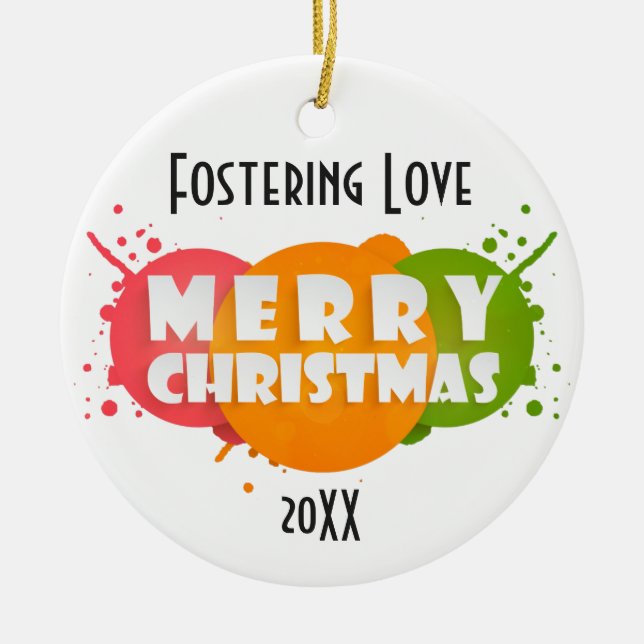 Pink, Orange & Green Merry Christmas Dated Photo Ceramic Tree Decoration (Front)