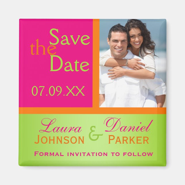 Pink Orange Green Save the Date Photo Magnet (Front)
