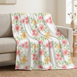 Pink Orange Green Watercolor Wildflower Fleece Blanket