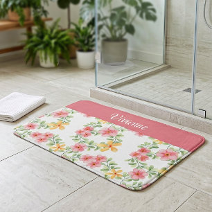 Pink Orange Green Watercolor Wildflower Monogram Bath Mat