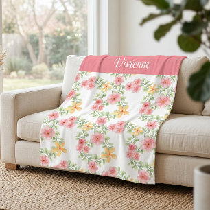 Pink Orange Green Watercolor Wildflower Name Fleece Blanket