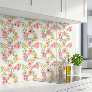 Pink Orange Green Watercolor Wildflower Tile