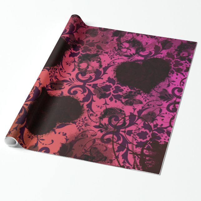 Pink Orange Grunge Damask Valentine Wrapping Paper (Unrolled)