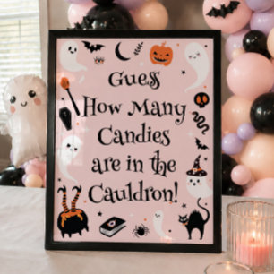 Pink Orange Halloween Baby Shower Guess How Many Poster