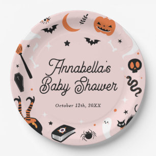 Pink Orange Halloween Baby Shower Paper Plate