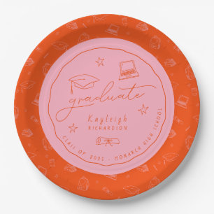 Pink Orange Hand Drawn Grad Party Paper Plate