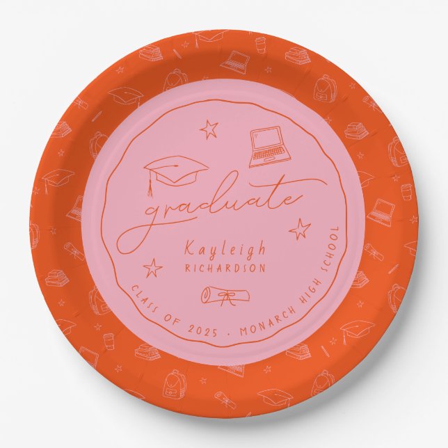 Pink Orange Hand Drawn Grad Party Paper Plate (Front)